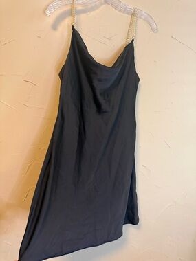 NWT Urban Outfitters Black Satin Cowl Slip Dress ✨ Gold Chain Straps Luxe M